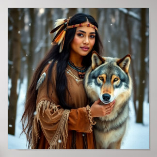 Inheemse vrouw met haar wolf poster