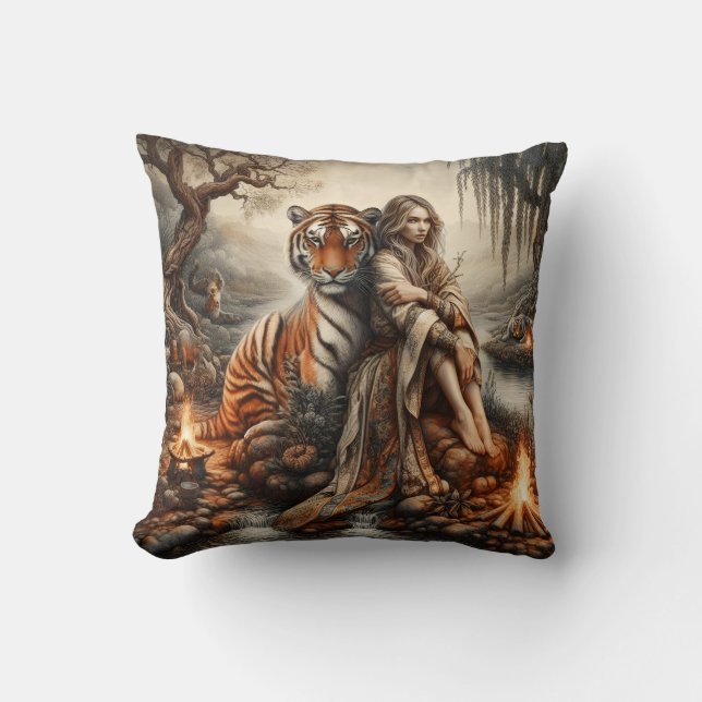 Inheemse vrouw met tijger in de Natuur Kussen (Voorkant)