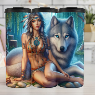 Inheemse zuidwestelijke sereniteit, vrouw en wolf. thermosbeker