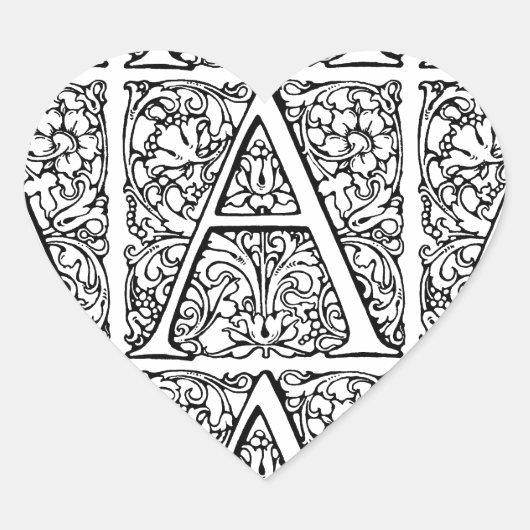Initiaal A Monogram Floral Scroll Pattern Hart Sticker (Voorkant)