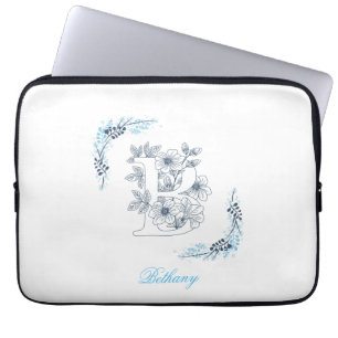 Initiaal "B" Blauw Monogram Kalm Bloemen Laptop Sleeve