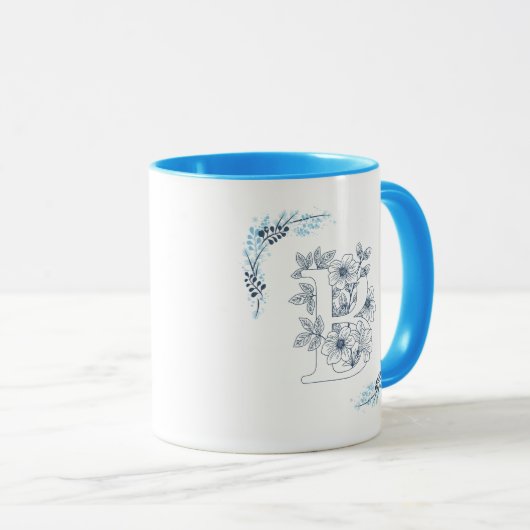 Initiaal "B" Blauw Monogram Kalme Bloemenkoffie Mok (Voorkant rechts)