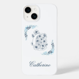 Initiaal "C" Blauw Monogram Kalme Bloemen Case-Mate iPhone 14 Hoesje
