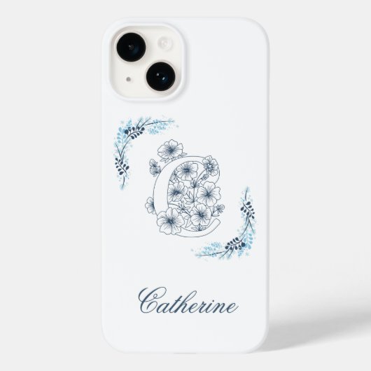 Initiaal "C" Blauw Monogram Kalme Bloemen Case-Mate iPhone Case (Achterkant)