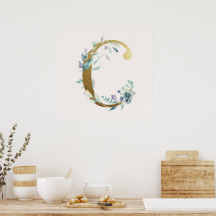 Initiaal C Golden en Blue Floral Monogram Poster