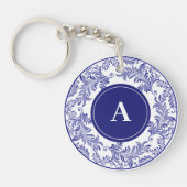 Initiaal Classic Blauw Wit Bloempatroon Sleutelhanger (Voorkant)