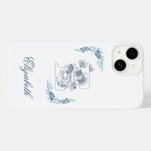 Initiaal "E" Blauw Monogram Kalm Bloemen Case-Mate iPhone Case (Achterkant (horizontaal))