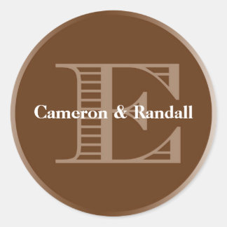 Initiaal E bruine monogram markeringspartij gunst Ronde Sticker