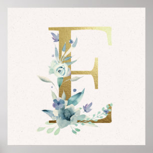Initiaal E Golden en Blue Floral Monogram Poster