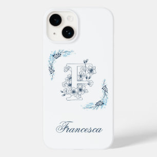 Initiaal "F" Blauw Monogram Kalme Bloemen Case-Mate iPhone 14 Hoesje