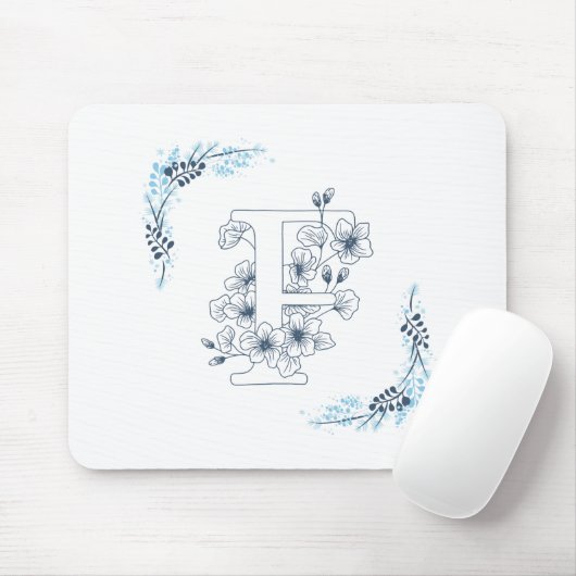 Initiaal "F" Blauw Monogram Kalme Bloemen Muismat (Met muis)