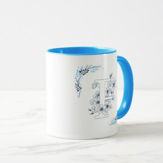 Initiaal "F" Blauw Monogram Kalme Bloemenkoffie Mok (Voorkant rechts)