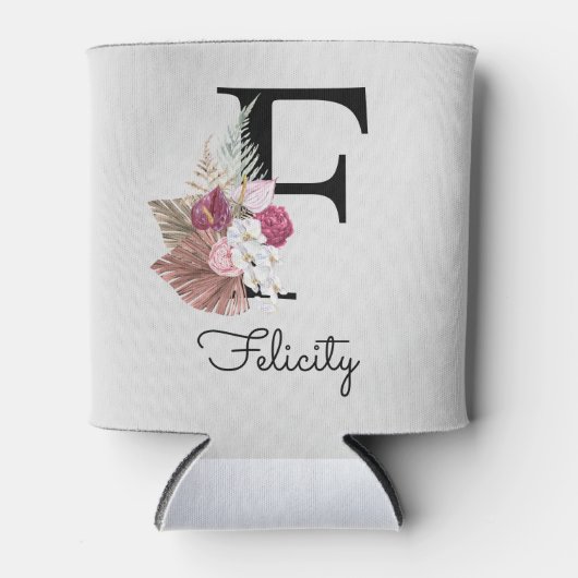 Initiaal F Monogram Roze Bloemen Blikjeskoeler (Voorkant)