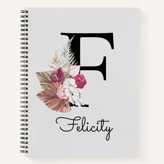 Initiaal F Monogram Roze Boho Floral Notitieboek (Voorkant)