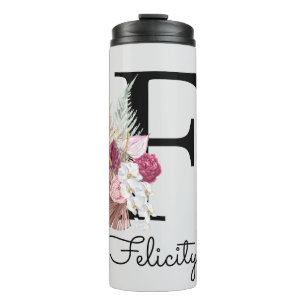 Initiaal F Monogram Roze Boho Girly Floral Thermosbeker