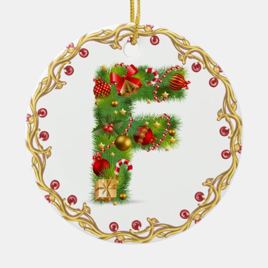 initiaal F monogrammen kerstversiering - cirkel Keramisch Ornament (Voorkant)