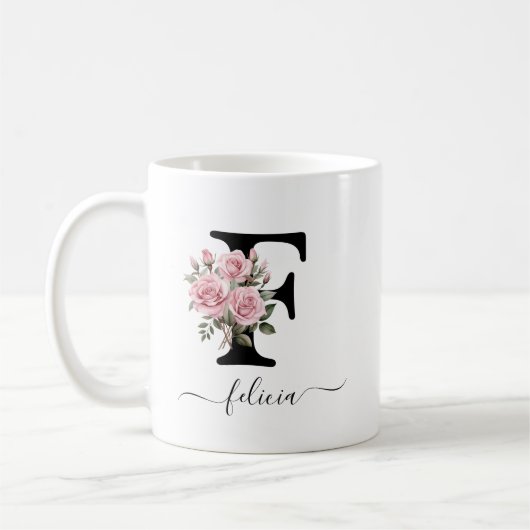 Initiaal F Rozen Bloemen Monogram Naam Koffiemok (Links)