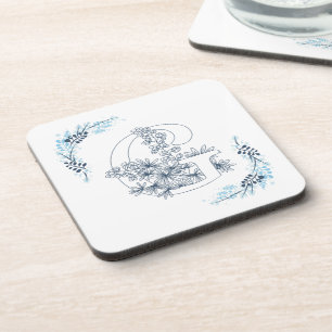 Initiaal "G" Blauw Monogram Kalme Bloemen Bier Onderzetter