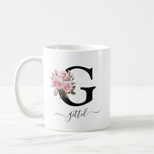 Initiaal G Monogram Bloembloem Roze Rozen Mok (Links)
