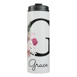 Initiaal G Monogram Roze Boho Floral Thermosbeker