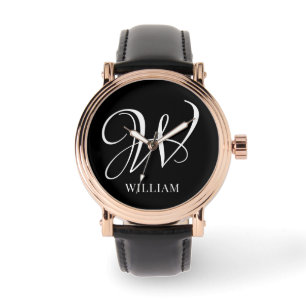 Initiaal gepersonaliseerd Elegant Zwart Monogram Horloge