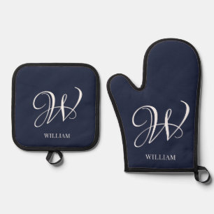 Initiaal Gepersonaliseerde Elegante Navy Blue Mono Ovenwant & Pannenlap Set