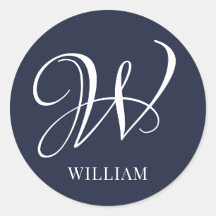Initiaal Gepersonaliseerde Elegante Navy Blue Mono Ronde Sticker
