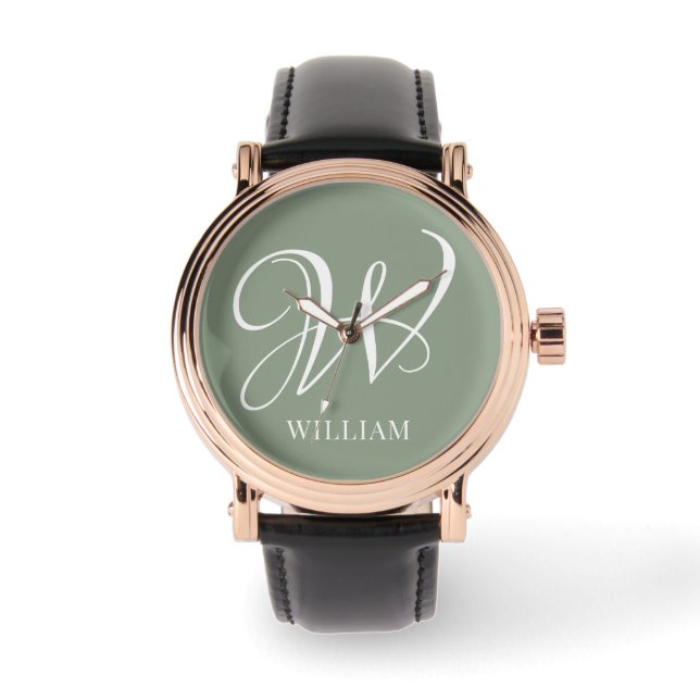 Initiaal Gepersonaliseerde Elegante Sage Groene Mo Horloge (Voorkant)