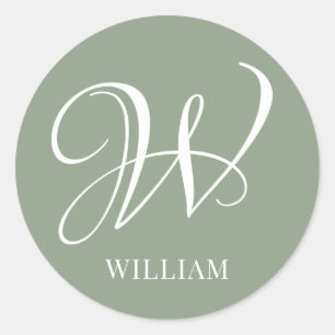 Initiaal Gepersonaliseerde Elegante Sage Groene Mo Ronde Sticker