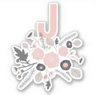 Initiaal gespoelde bloemen Motif grijze roze zwart Sticker