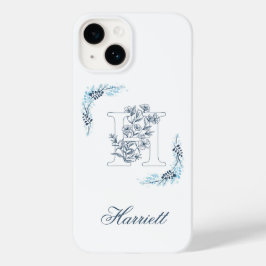 Initiaal "H" Blauw Monogram Kalm Bloemen Case-Mate iPhone 14 Hoesje