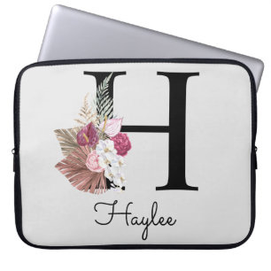 Initiaal H Monogram Roze Boho Floral Laptop Sleeve