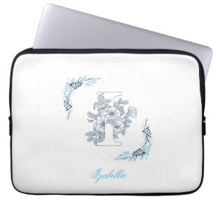 Initiaal "I" Blauw Monogram Kalm Bloemen Laptop Sleeve