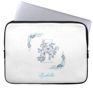 Initiaal "I" Blauw Monogram Kalm Bloemen Laptop Sleeve