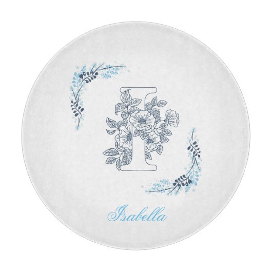 Initiaal "I" Blauw Monogram Kalm Bloemen Snijplank (Voorkant)