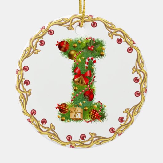 initiaal I monogramme kerstversiering - cirkel Keramisch Ornament (Voorkant)