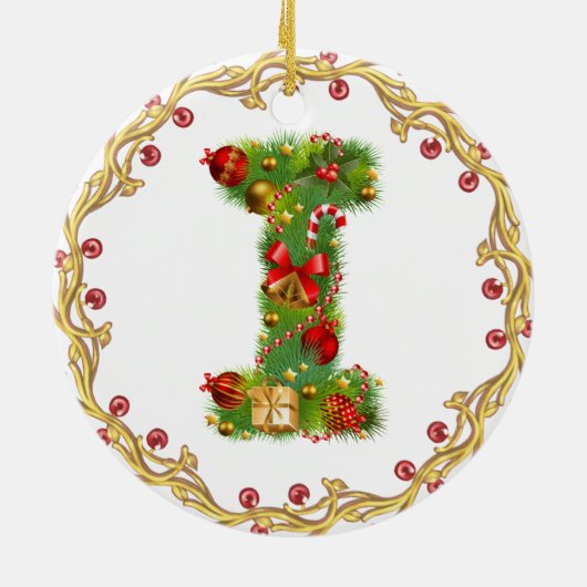 initiaal I monogramme kerstversiering - cirkel Keramisch Ornament (Achterkant)
