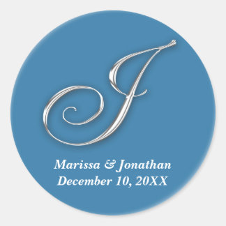 Initiaal J blauw monogram, douanenaam gunstiger ze Ronde Sticker