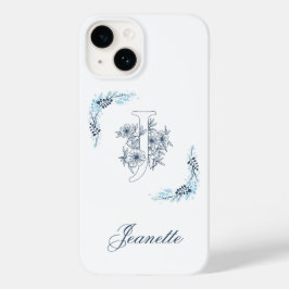 Initiaal "J" Blauw Monogram Kalm Bloemen Case-Mate iPhone 14 Hoesje