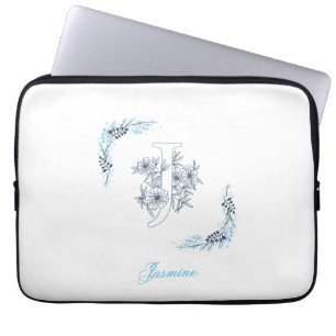 Initiaal "J" Blauw Monogram Kalm Bloemen Laptop Sleeve