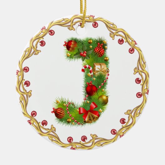 initiaal J monogrammed kerstversiering - cirkel Keramisch Ornament (Voorkant)