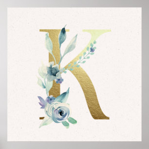 Initiaal K Golden en Blue Floral Monogram Poster
