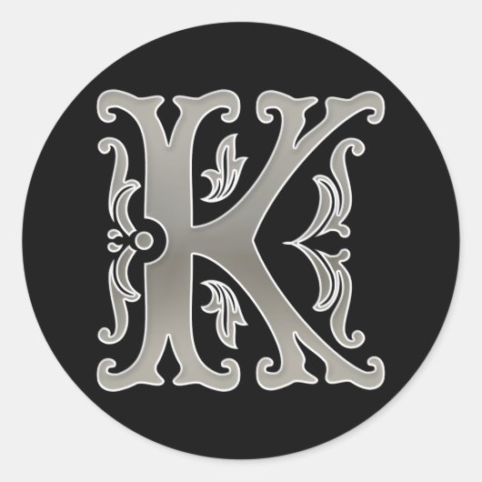Initiaal K Ronde Sticker in zilver (Voorkant)
