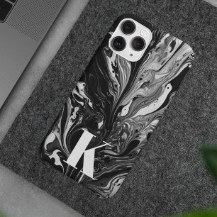 Initiaal Letter Monogram Zwart Wit Inktmarmer iPhone 15 Pro Max Hoesje