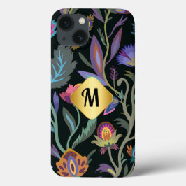 Initiaal luxe zwarte bloemen patroon Golden border iPhone 13 Hoesje
