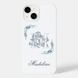 Initiaal "M" Blauw Monogram Kalm Bloemen Case-Mate iPhone 14 Hoesje
