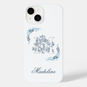 Initiaal "M" Blauw Monogram Kalm Bloemen Case-Mate iPhone 14 Hoesje