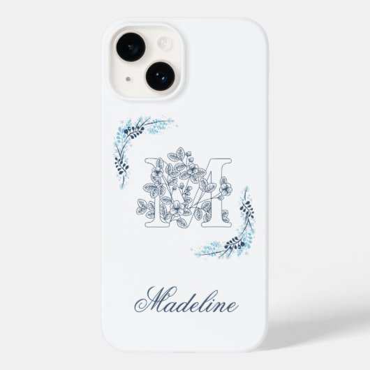 Initiaal "M" Blauw Monogram Kalm Bloemen Case-Mate iPhone Case (Achterkant)