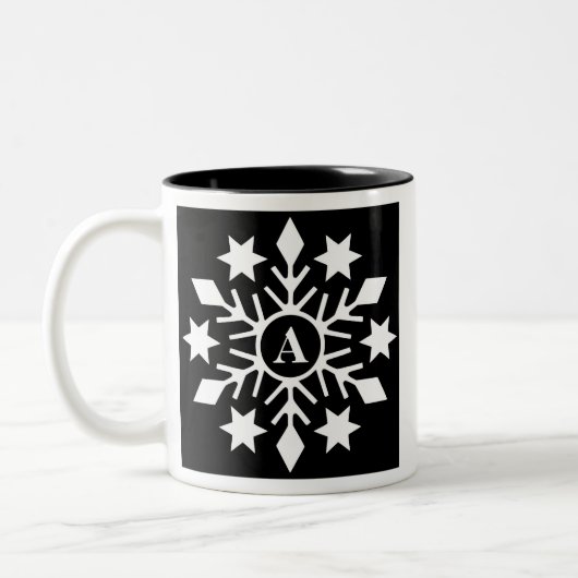 Initiaal Modern Black White-kerstsnowflakes Tweekleurige Koffiemok (Links)