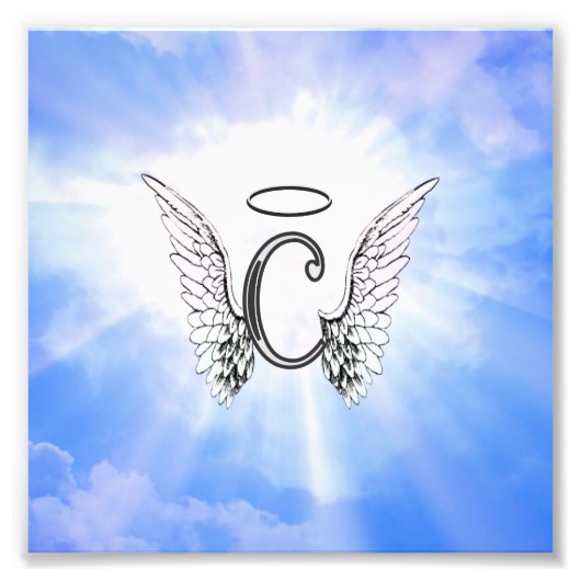 Initiaal Monogram C met Angel Wings, Halo Clouds Foto Afdruk (Voorkant)